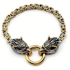 New! MEN'S Siver & Gold Byzantine Chain with Double Wolf Head Bracelet. 8"